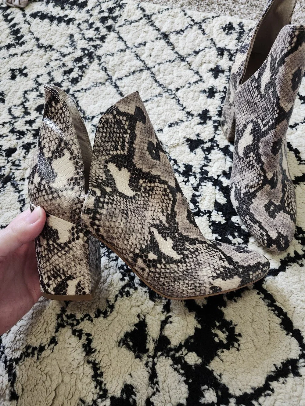 Steve Madden Snake-Print Block Heel Ankle Boots - Black, Cream, Tan 8 - Picture 9 of 9